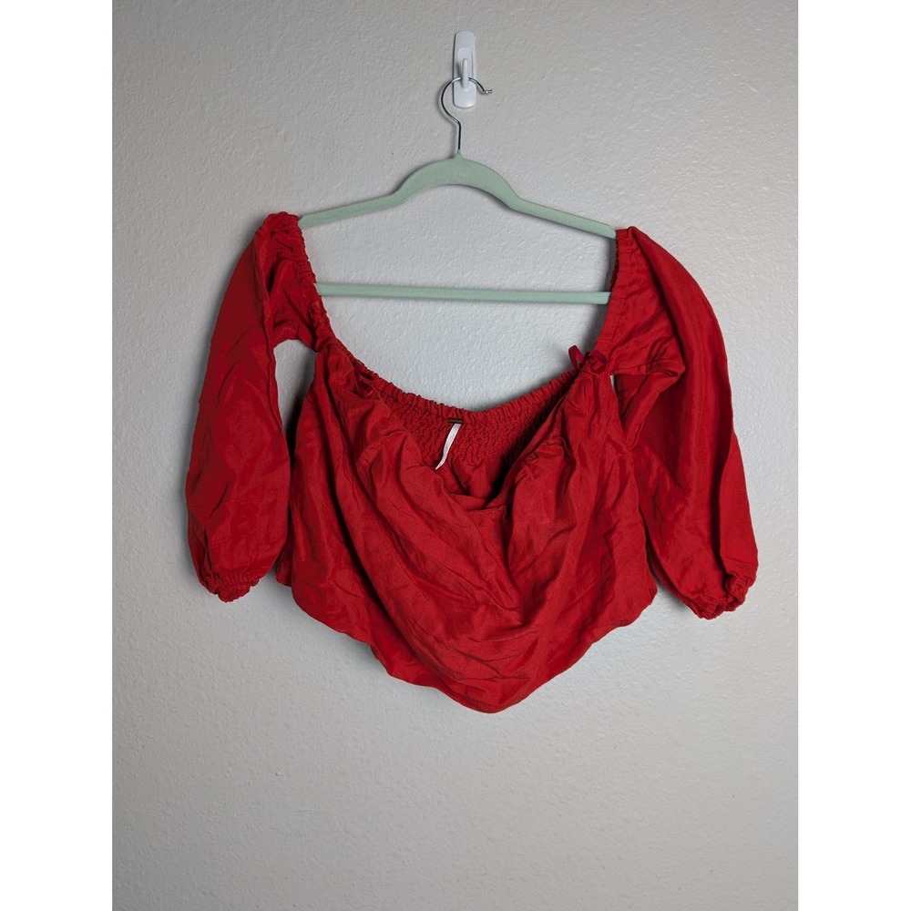 Free People Blouse Womens XS Red Cropped Off The Shoulder 3/4 Puff Sleeve